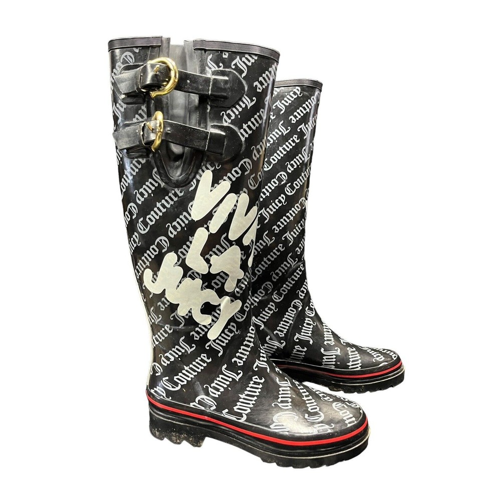 VTG Juicy Couture Viva La Juicy Black White Cream Rain Boots Women Size 6